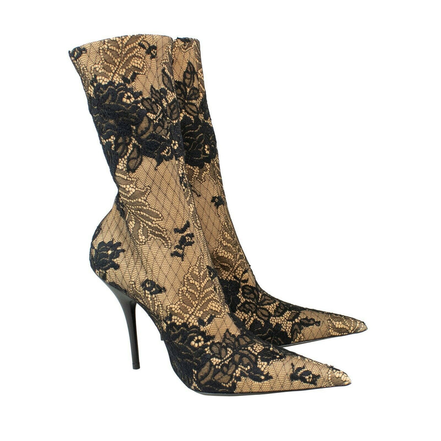 Lace Sock Knife Ankle Boots - Black / Beige