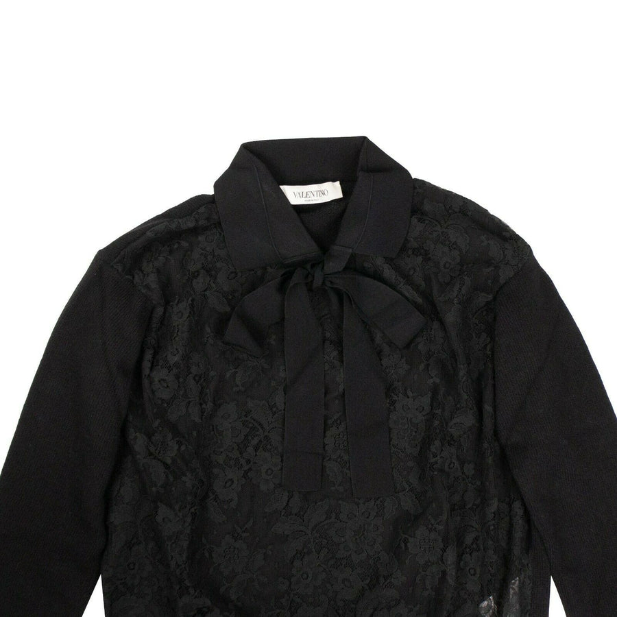 Laced Front Collared Sweater Top - Black