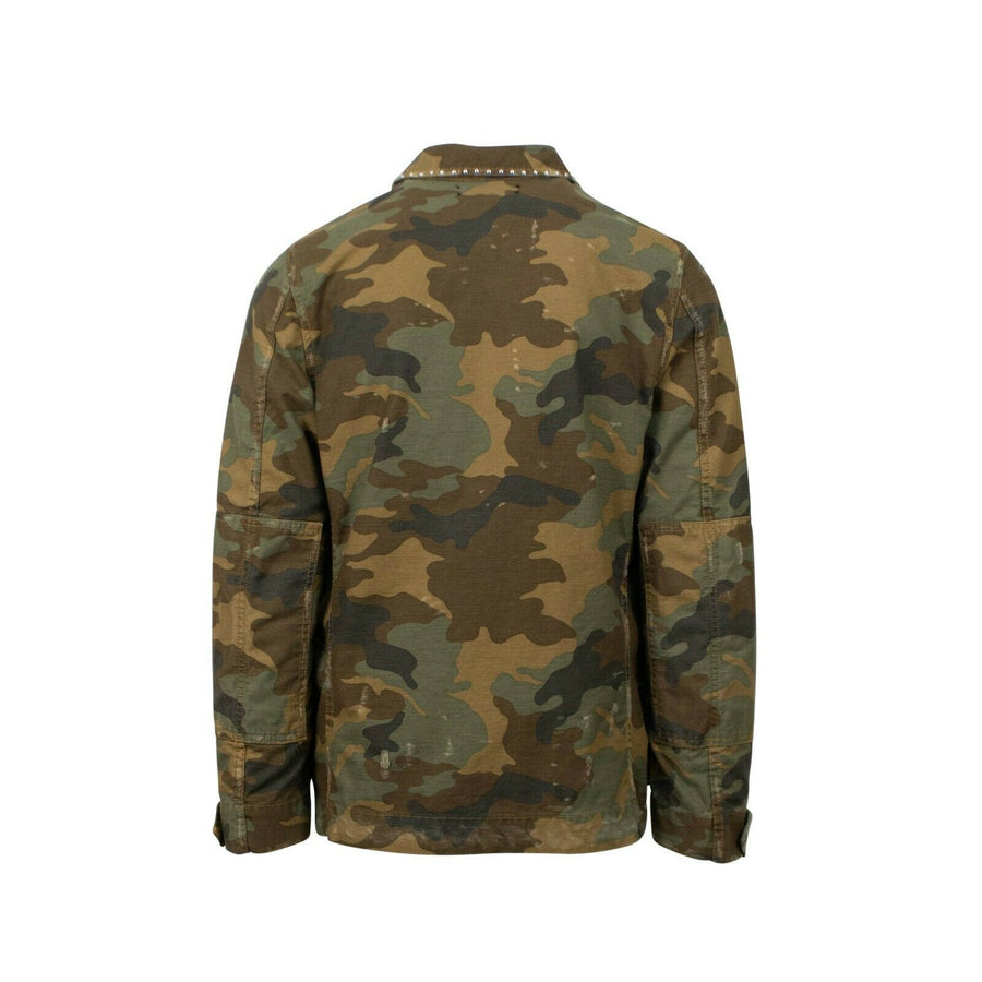 Camo Distressed Studded Button Down Military Jacket - Green