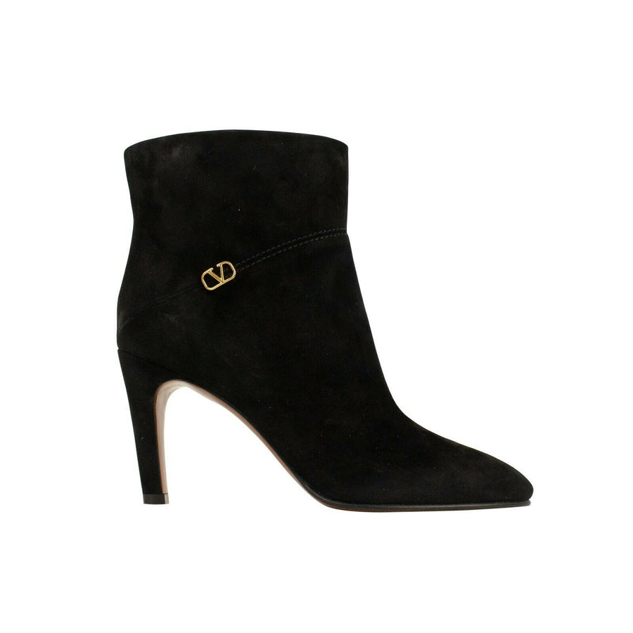 Suede V Logo Ankle Boots Heels - Black