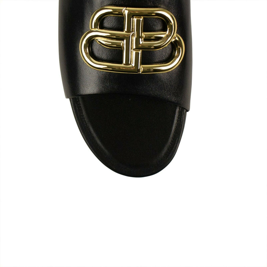 Leather Oval 'BB' Mule Sandal - Black