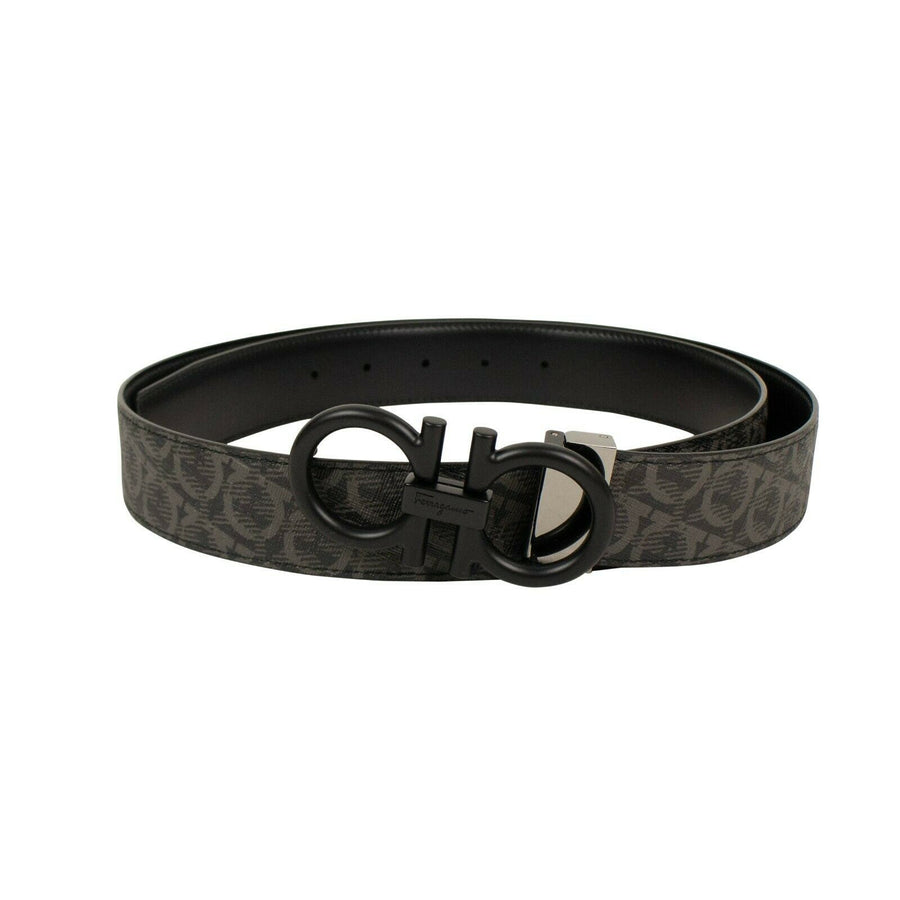 'Gancini' Logo Print Leather  Belt - Black