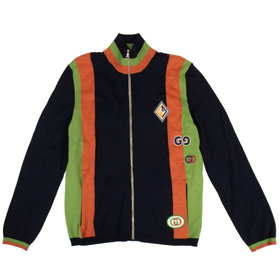 Wool Knit With Patches Striped Bomber Jacket - Navy Blue