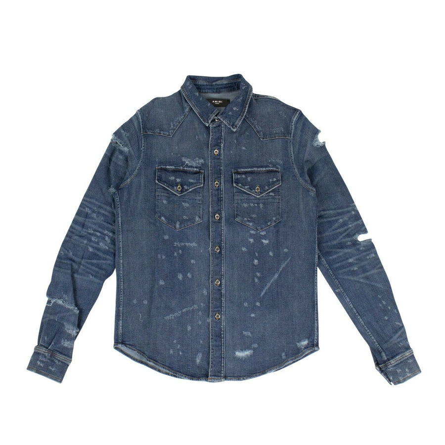 Denim Destroyed Button Down Shirt - Dark Blue