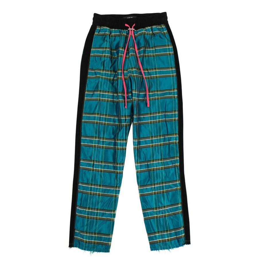 Silk Plaid Straight Leg Track Pants - Blue