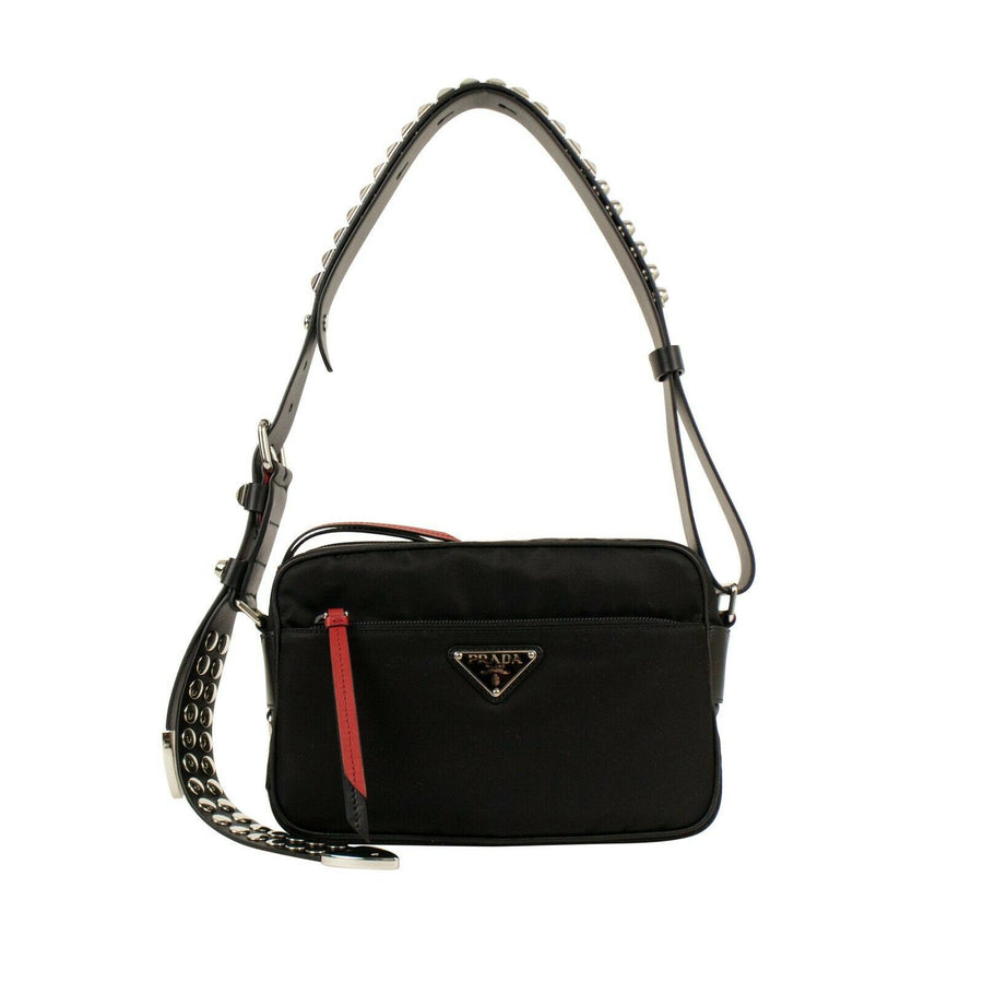 Nylon With Silver Studded Strap Small Shoulder Bag - Black/Red