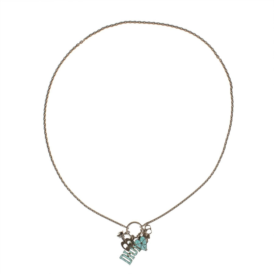 Multi Charms Turquoise Mosaic Antique Silver Long Necklace