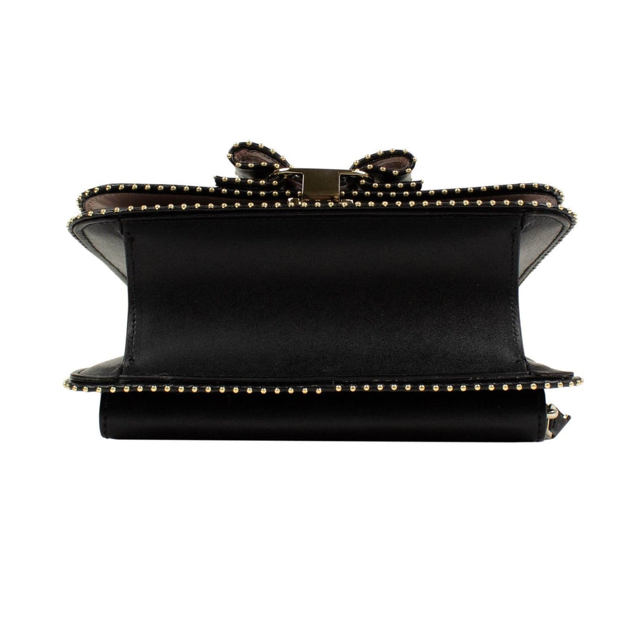 Leather Stud Vara Bow Flap Shoulder Bag - Black / Gold