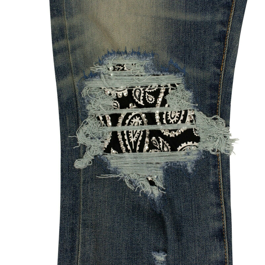 Denim Skinny Bandana Distressed Jeans - Dark Blue