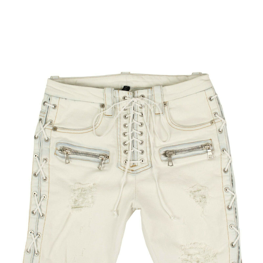 Lace Up Distressed Skinny Jeans Pants - White