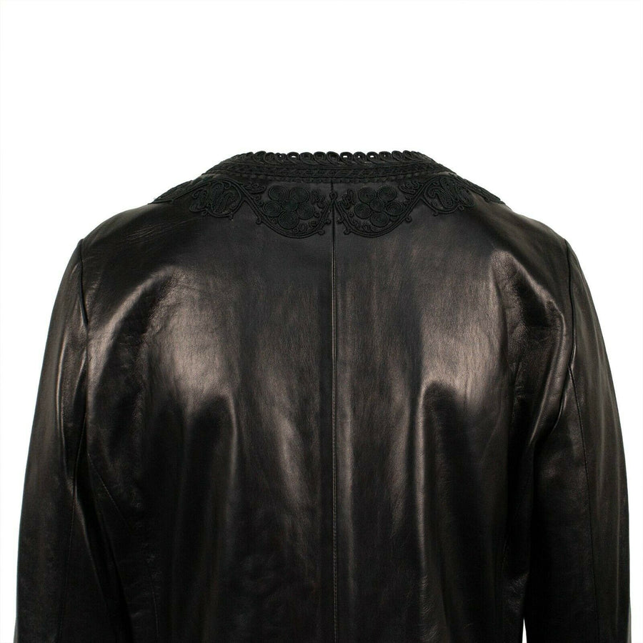 Embroidered Leather Zip Up Jacket - Black