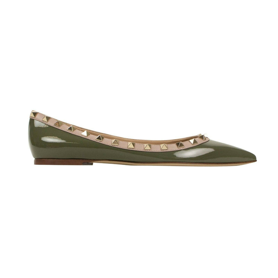 Leather Rockstud Grainy Ballet Flats - Olive Green