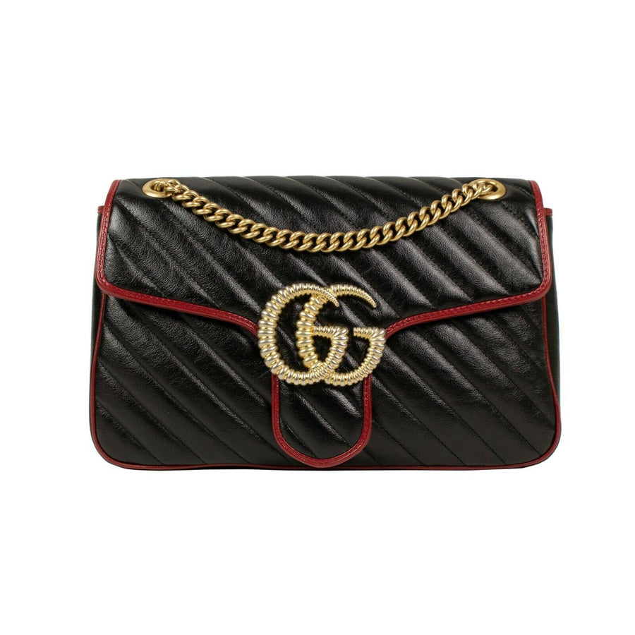 Quilted GG Marmont Chevron Leather Medium Shoulder Bag - -Black / Red