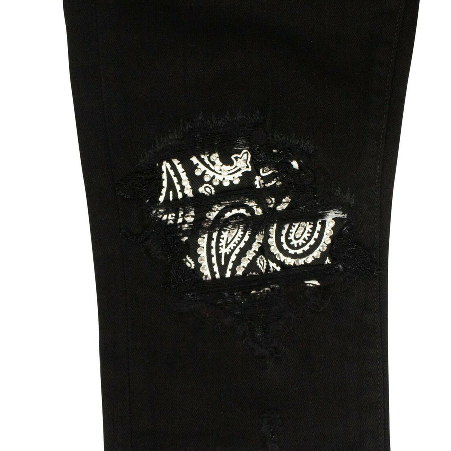 Denim Skinny Bandana Distressed Jeans - Black