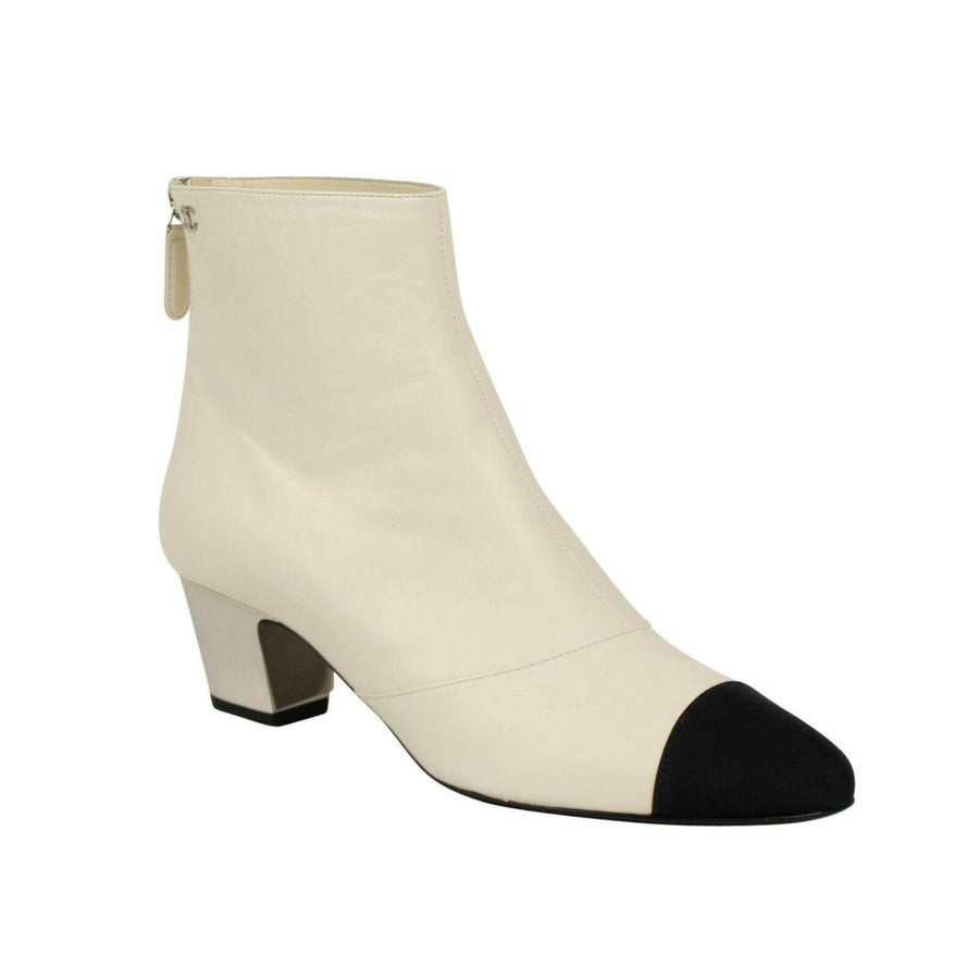 Lambskin Leather Grosgrain Cap Toe Short Boots - Ivory