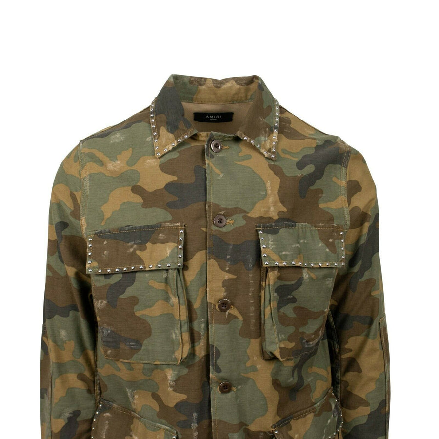 Camo Distressed Studded Button Down Military Jacket - Green