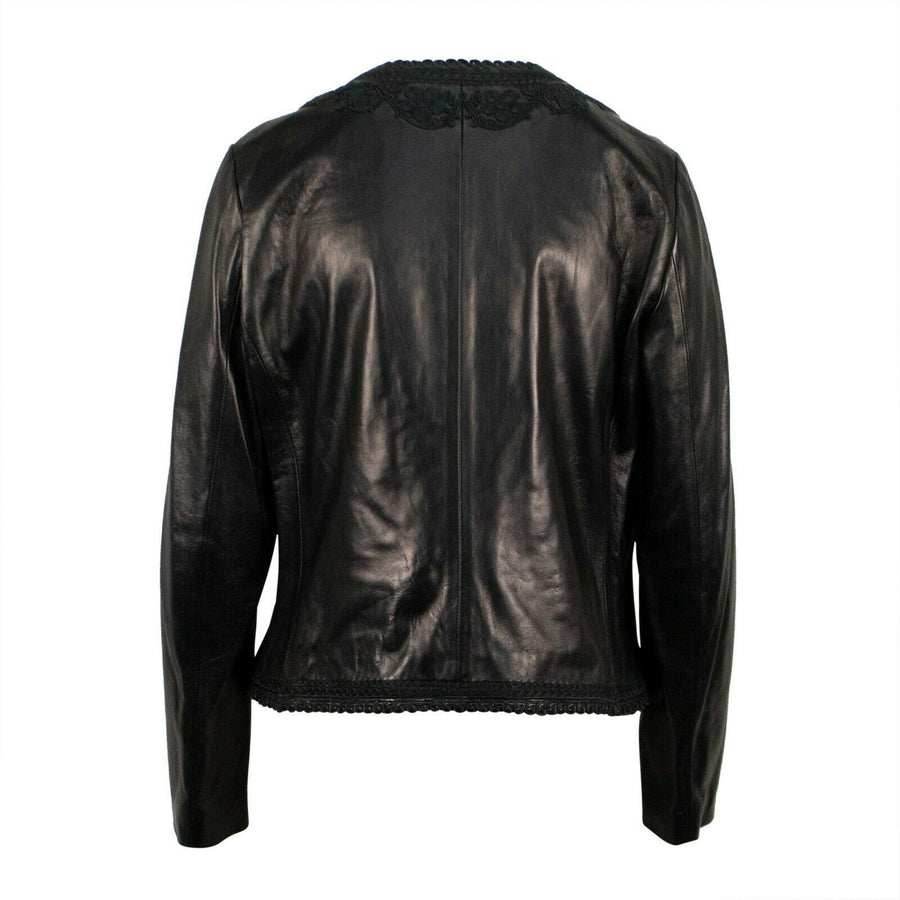 Embroidered Leather Zip Up Jacket - Black