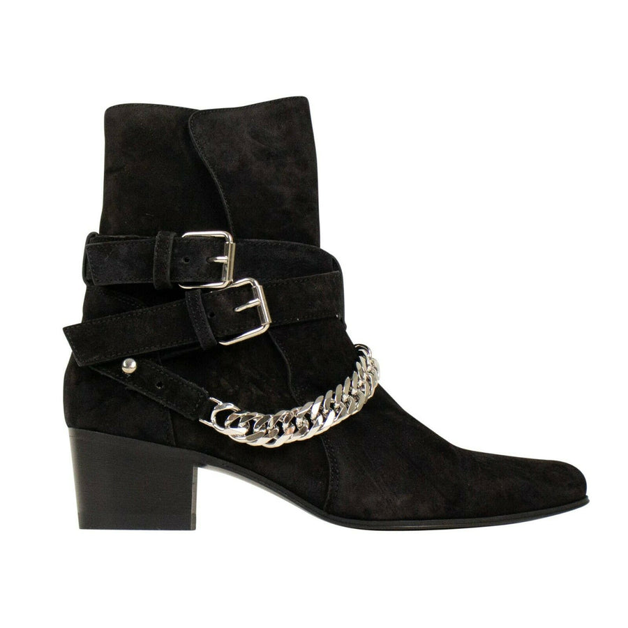 Suede Buckle Chain Boots - Black