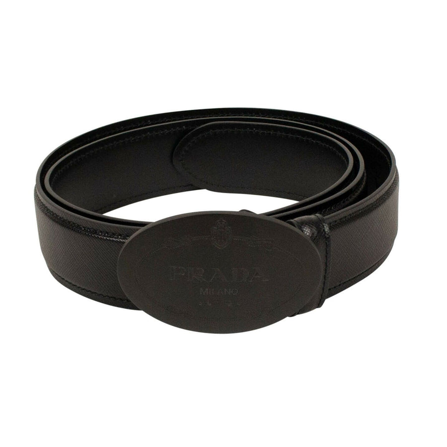 Oval Logo Buckle Leather Saffiano Leather Belt - Black