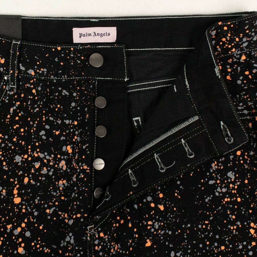 Cotton Paint Splattered Denim Pants -  Black