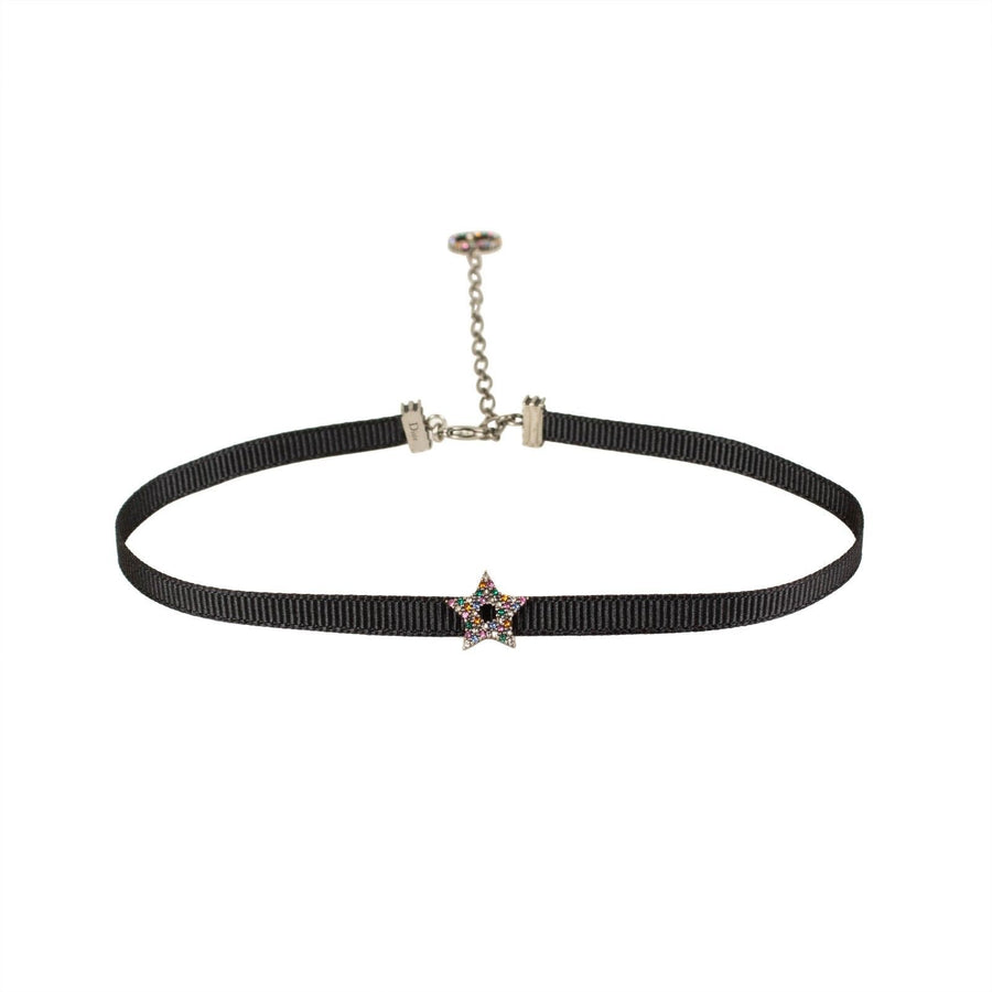 Black Ribbon Multi-Color Star Strass Choker Necklace