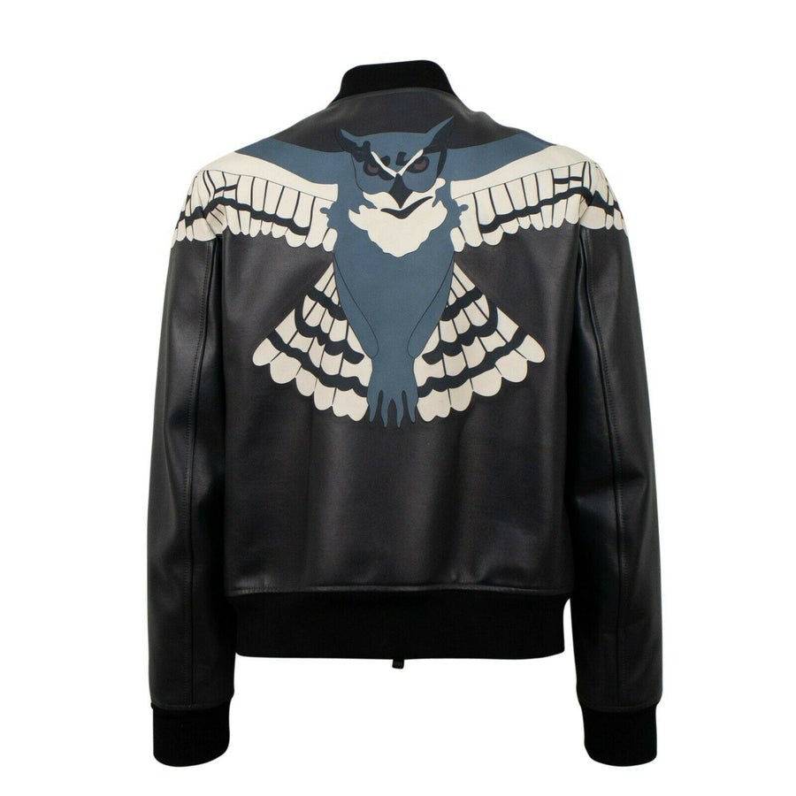 Owl Design Leather Jacket - Black / Blue