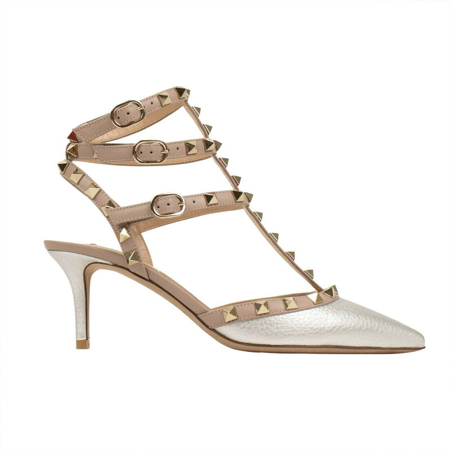 Metallic Leather Rockstud Ankle Strap Pumps - Silver / Blush