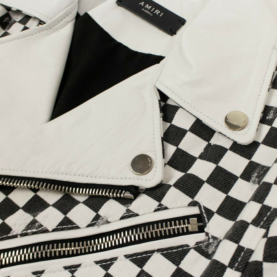 Checkered Denim Biker Jacket - Black / White