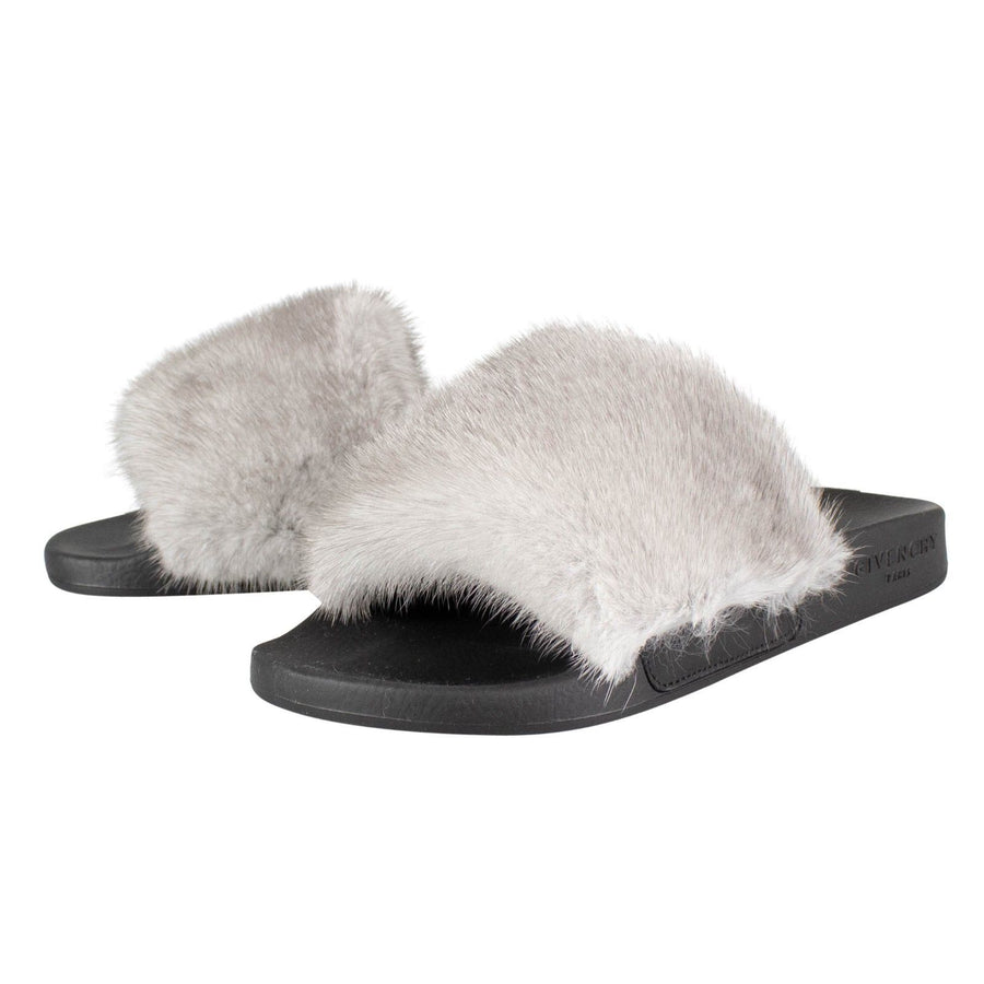 Mink Fur Slides - Gray