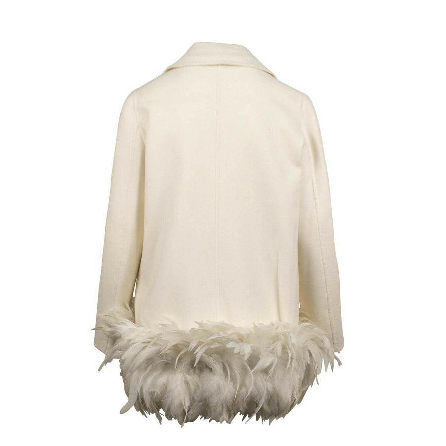 Double Breasted Feather Hem Coat - Ivory