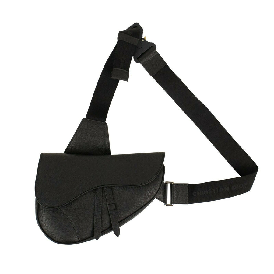 Grained Calfskin Leather Saddle Shoulder Bag - Black