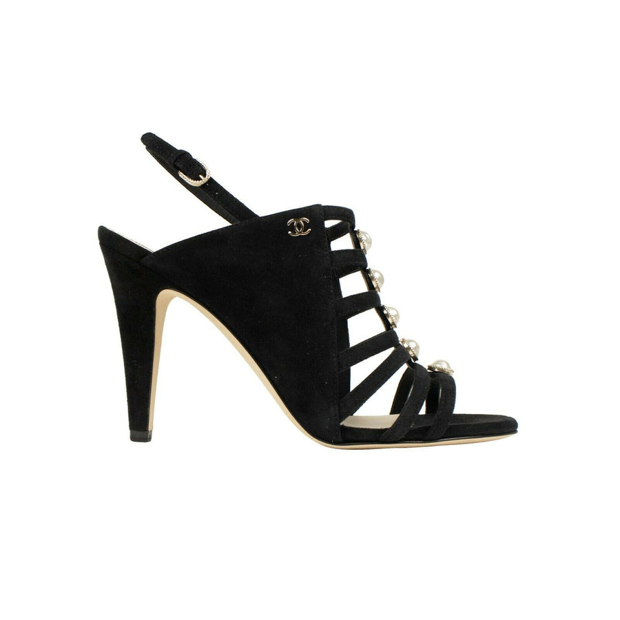 Suede Open Toe Pearl Sandals Pumps - Black