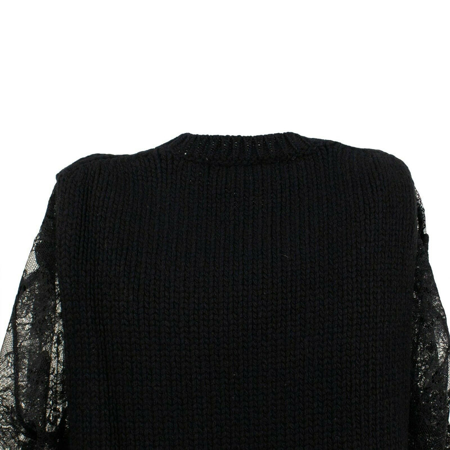 Chunky Knit With Lace Sleeves Sweater - Black