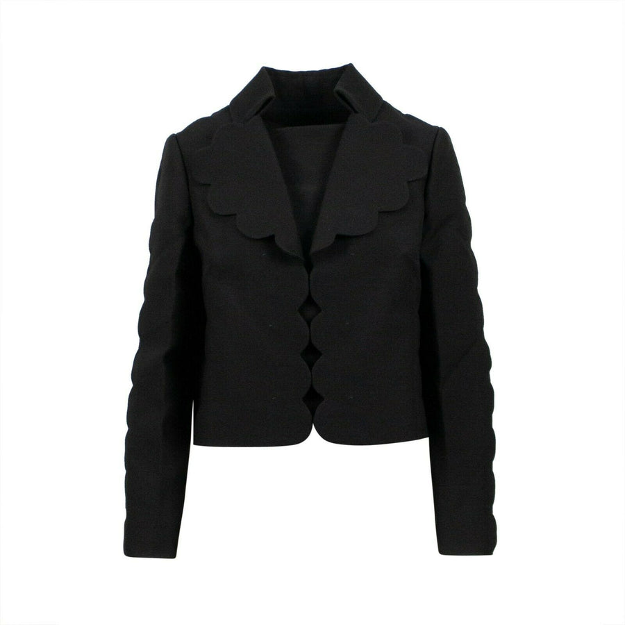 Wool Blend Scalloped Trim Blazer - Black