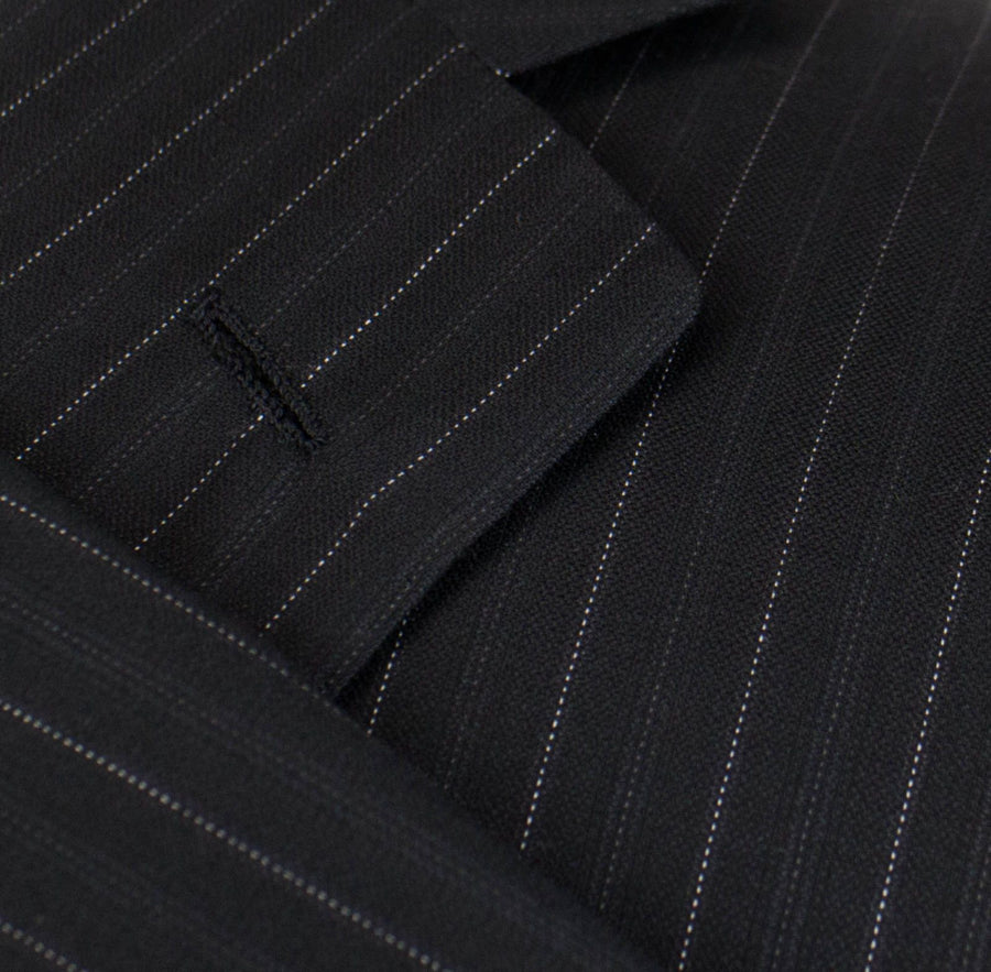 Pin Striped Wool 3 Roll 2 Button Suit - Black