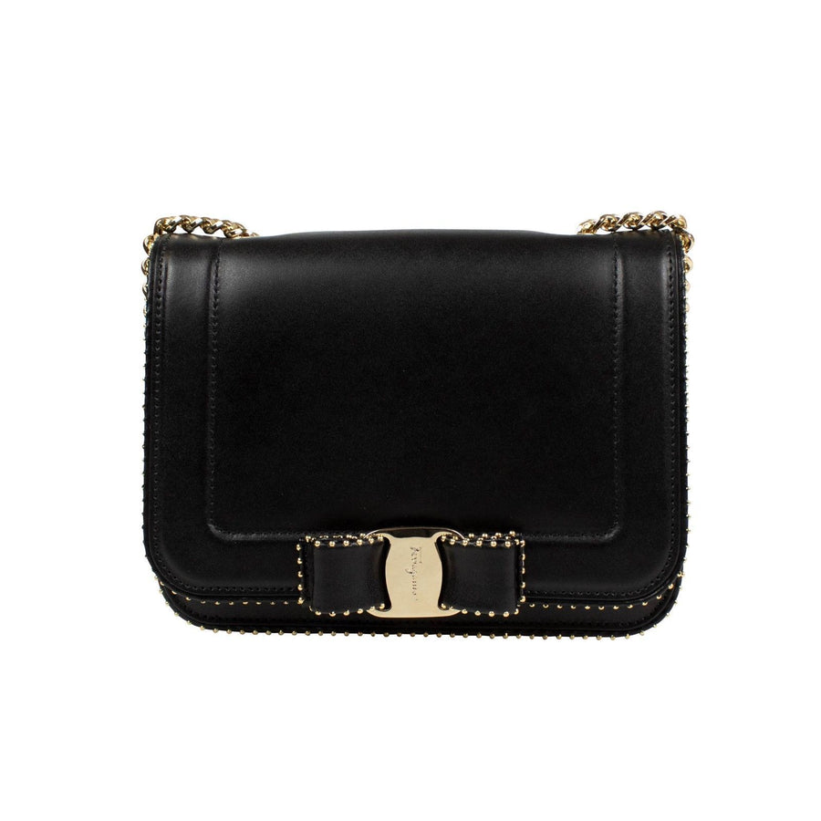 Leather Stud Vara Bow Flap Shoulder Bag - Black / Gold