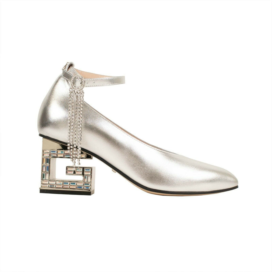 Women's Leather Crystal G Mid-Heel Pumps - Silver