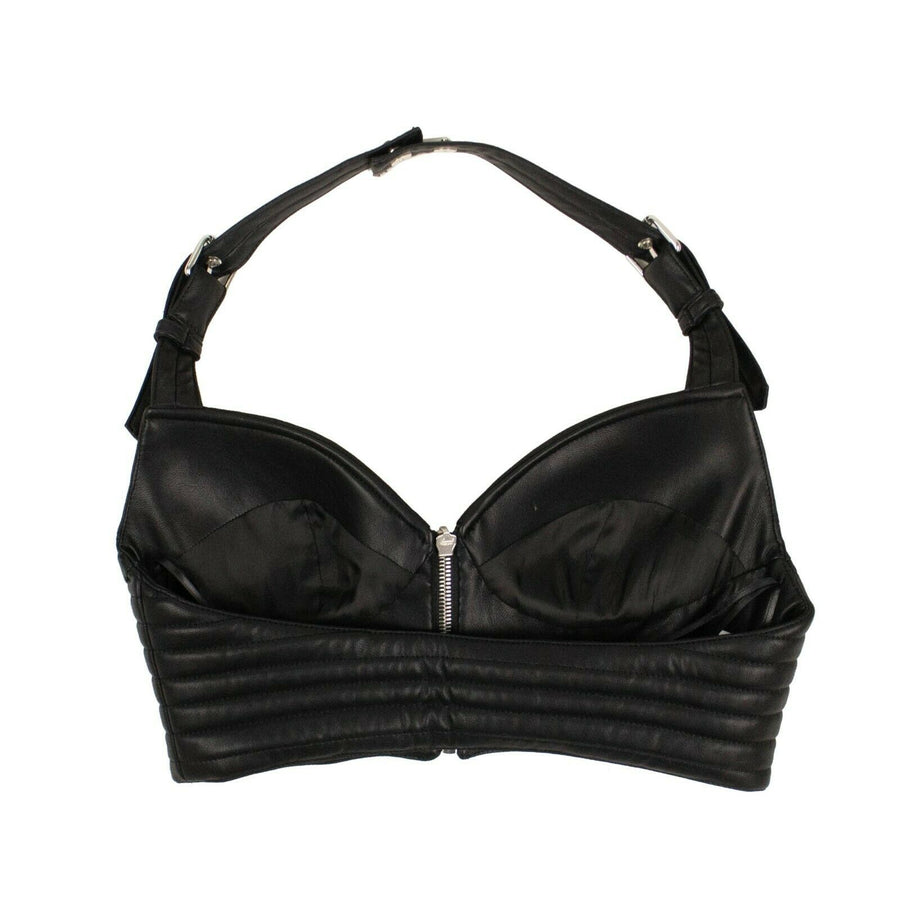 Faux Leather Zip Up Halter Bra Top - Black