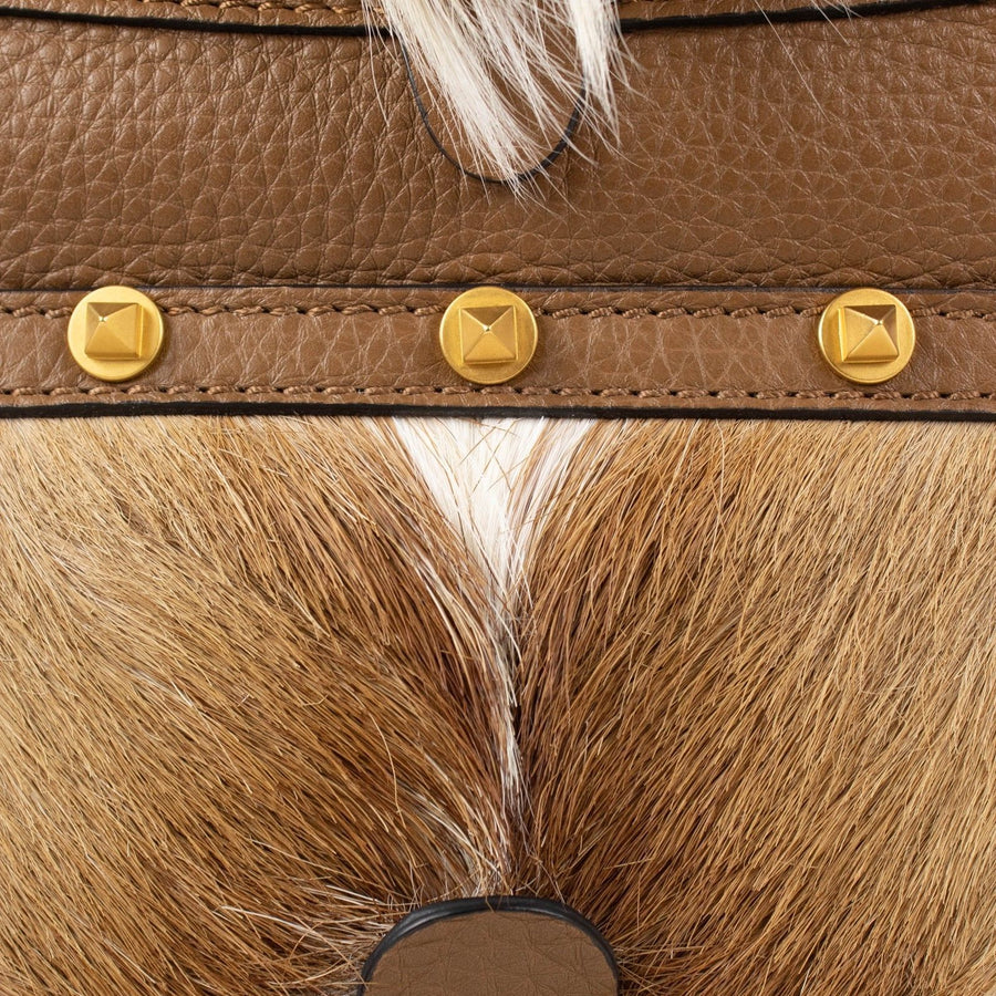 Double Pocket Fur Trim Rockstud Leather Tote Bag - Brown