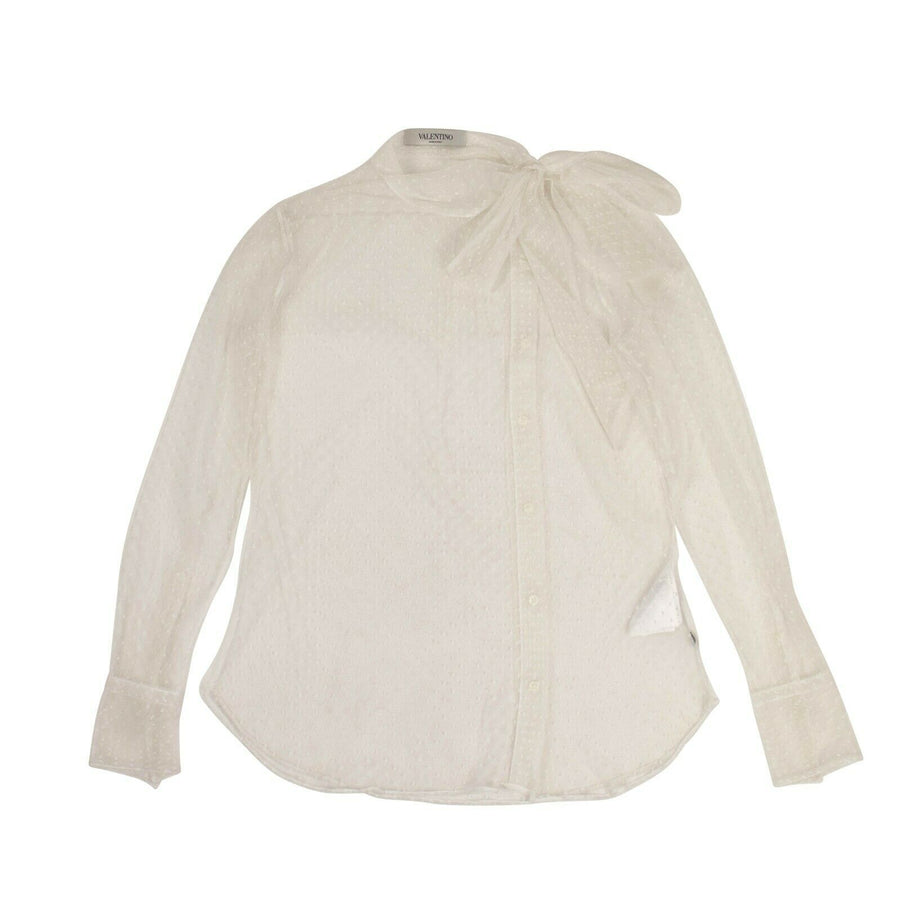 Mesh Long Sleeve Tie Button Down Shirt - White