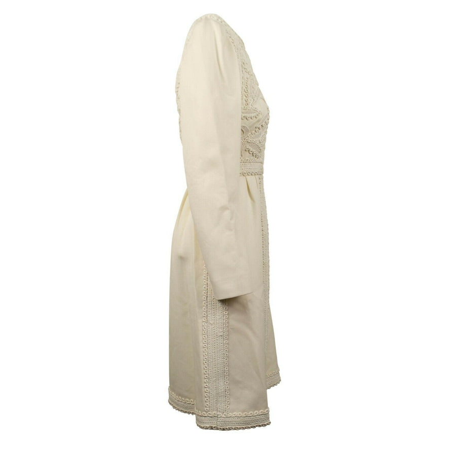 Wool Embroidered Trim Long Blazer Coat - Ivory