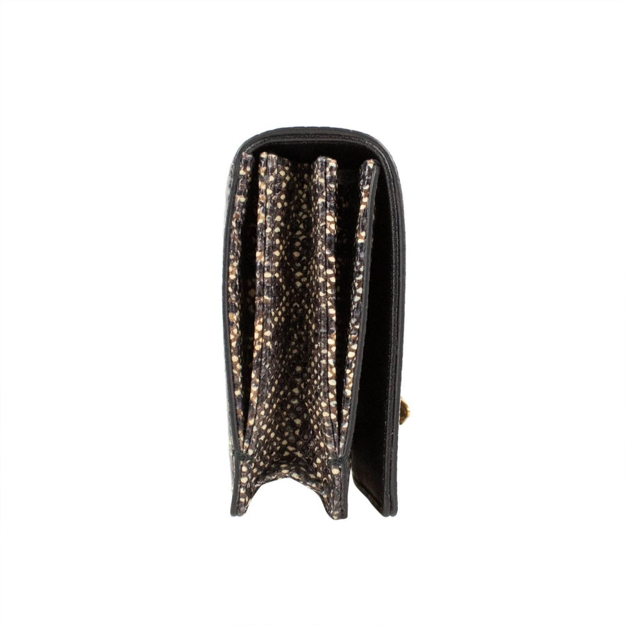 Snakeskin Leather Embellished Pouchette Clutch - Brown