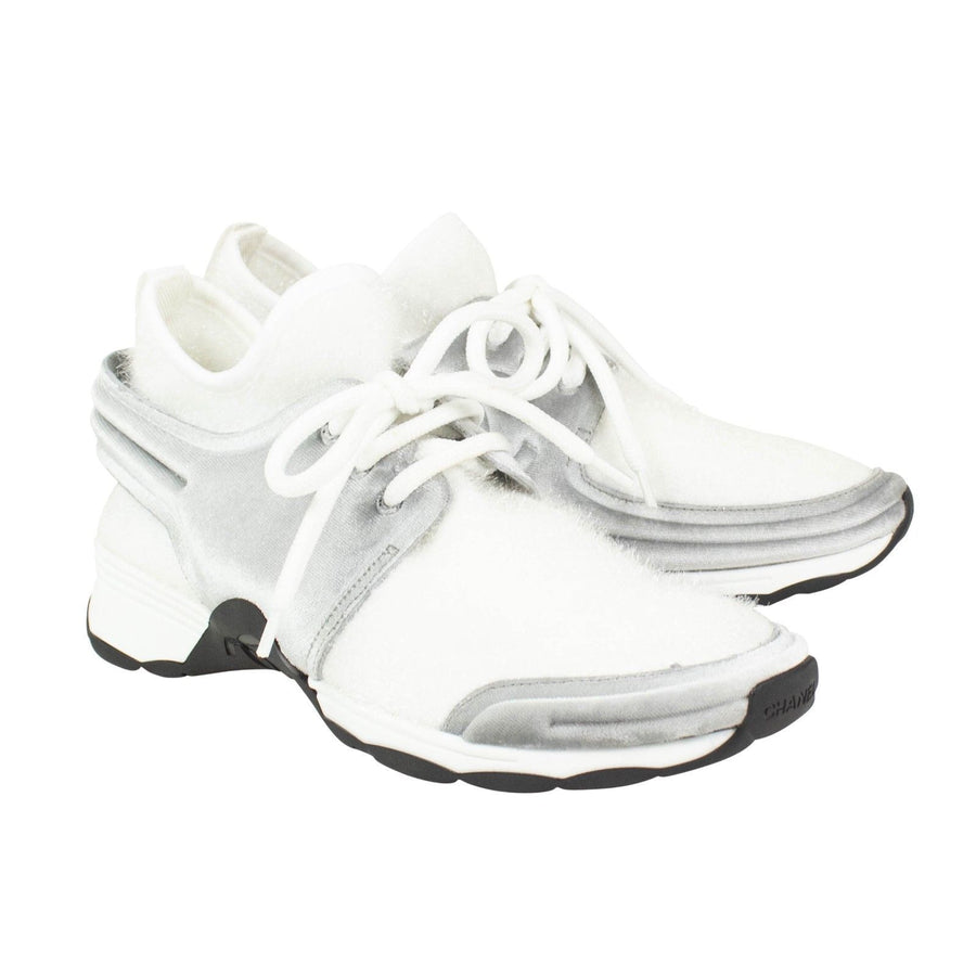 Stretch Fabric And Velvet Sneakers - White / Gray