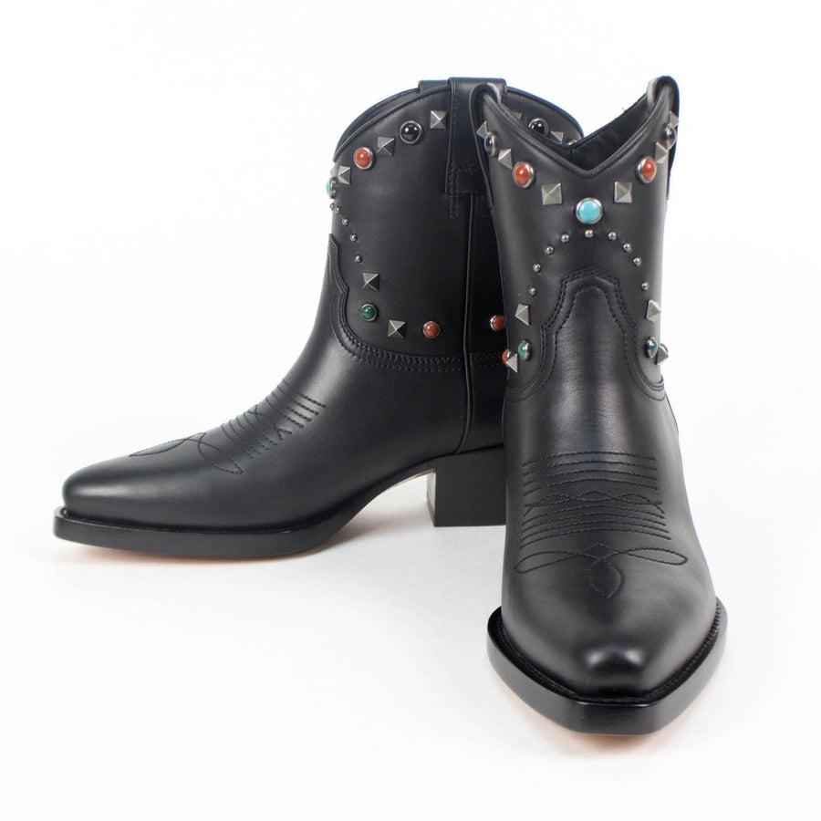 Multi-Color Stone Studded Texan Boots - Black