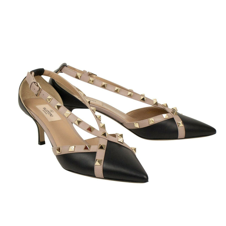 Leather Rockstud Cross Strap Kitten Pumps - Black / Blush