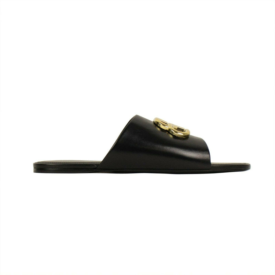 Leather Oval 'BB' Mule Sandal - Black