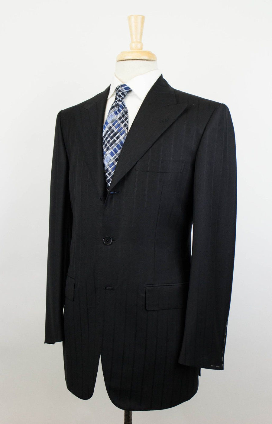 Drop 6 Striped Wool 3 Button Suit - Black