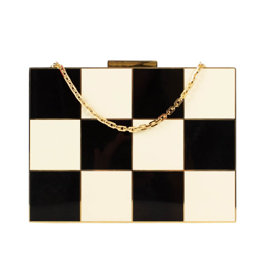 Checkered Enamel Minaudiere Bag - Black / Ivory