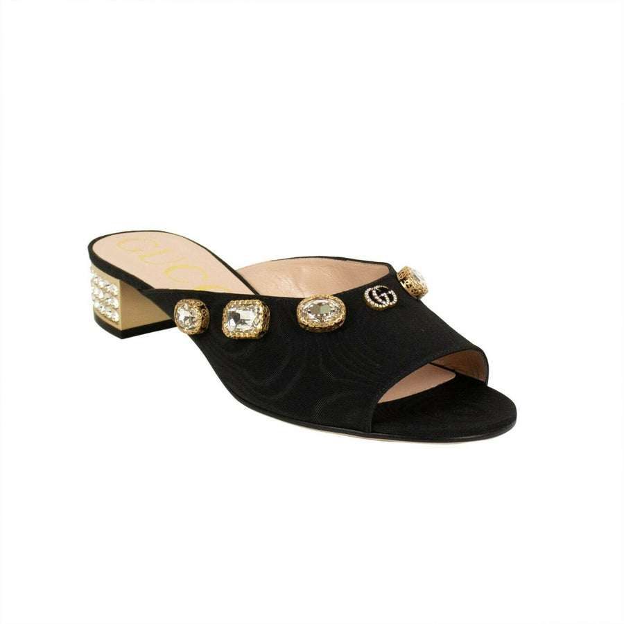 Women's Moiret Satin Open Toe Embellished Block Heel Mules - Black