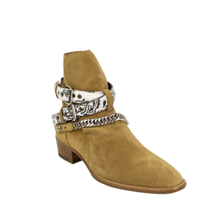 Suede Bandana Buckle Ankle Boots - Tan